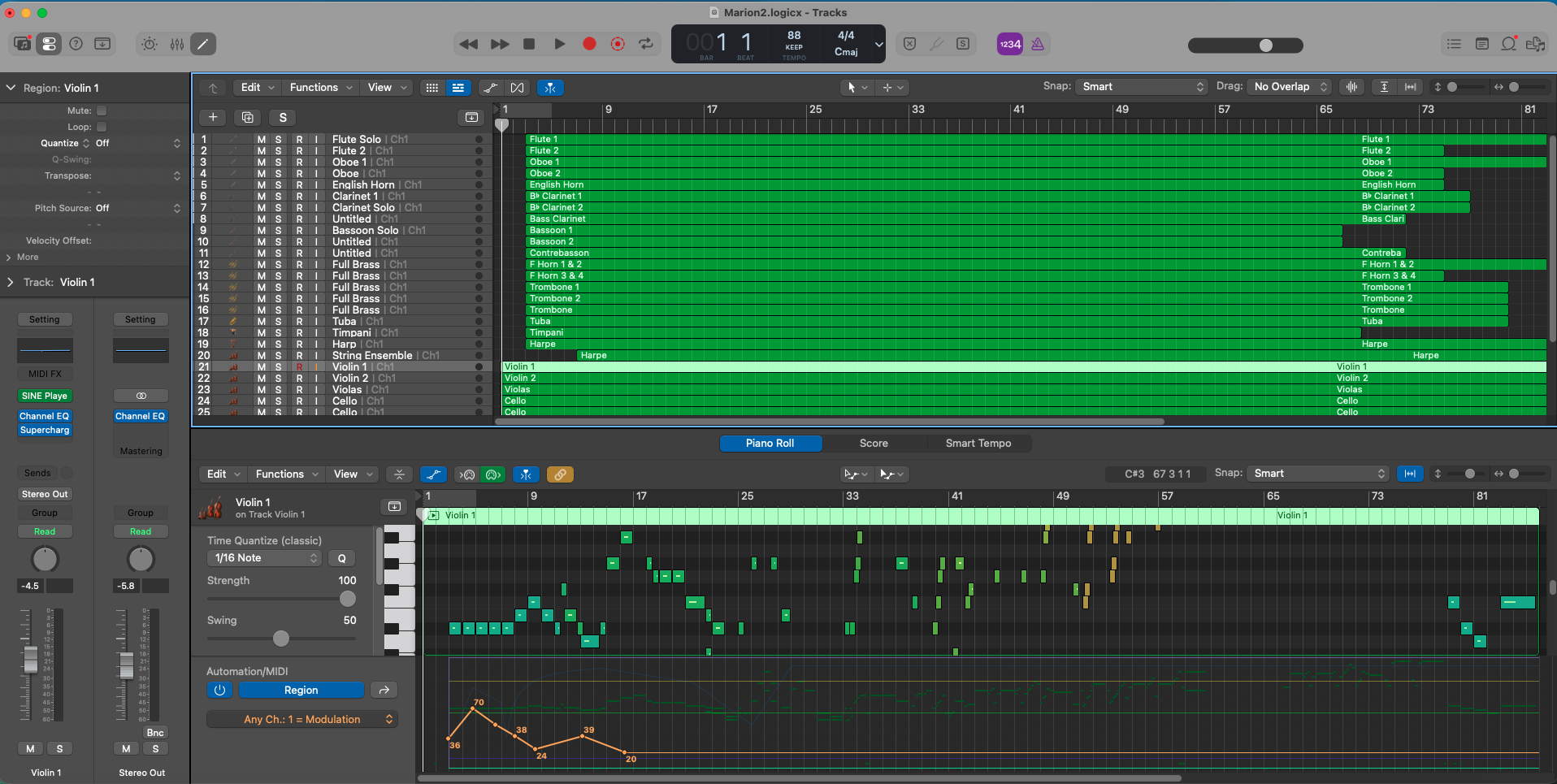 Screenshot of a full orchestral session in Logic Pro, showing the woodwind, brass, and string tracks alongside a violin piano roll
